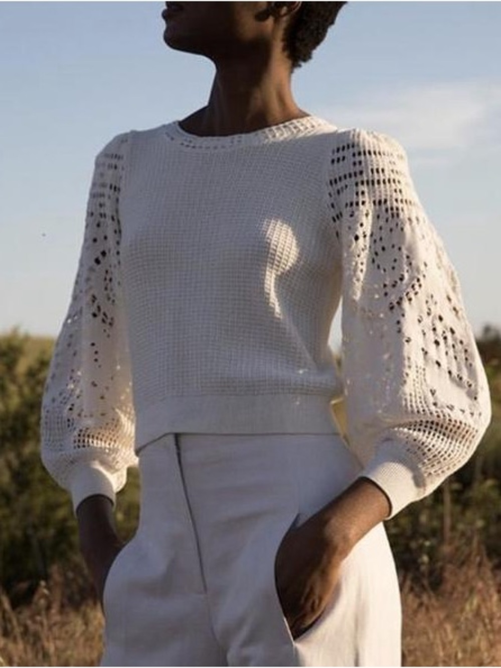 A.L.C. Ivory Crochet Balloon-Sleeve Knit Top